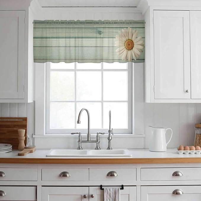 Daisy Flower Sheer Valances for Windows 42"x18", Light Filtering Kitchen Curtains Valance, Modern Art Floral Farmhouse Teal Wooden Grain Rod Pocket Chiffon Curtains for Living Room Bedroom Cafe
