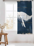 Sheer Curtains 63 Inch Length, Ocean Whale Blue Semi Sheer Curtains Light Filtering Window Treatment, Watercolor Coastal Vintage Wood Grain Privacy Voile Drapes for Living Room Bedroom 52x63 Inch