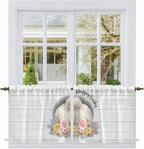 Easter Bunny Kitchen Tier Curtains 36 Inch Long 2 Panel Set,Rod Pocket Half Window Curtains Over Sink,3D Optical Illusion Farmhouse Flower Wood Grain Light Filtering Short Drapes Cafe 27.5"W x 36"L