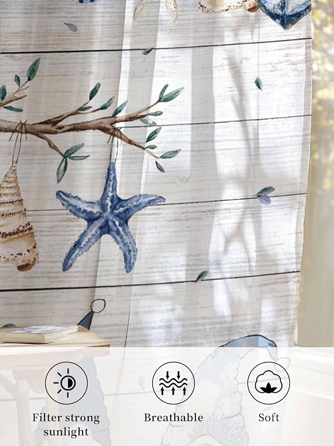 Sheer Curtains 108 Inches Long, Coastal Eucalyptus Semi Sheer Curtains Light Filtering Window Treatment, Ocean Blue Gnomes Starfish Leaf Wood Grain Privacy Voile Drapes for Living Room 52x108 Inch