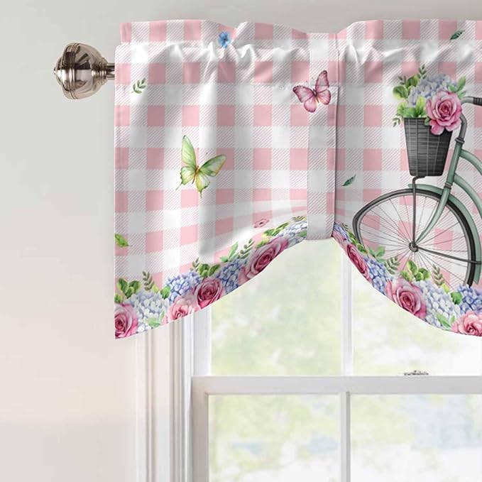 Spring Tie Up Valance Curtains for Windows, Kitchen Curtains Window Shades, Bicycles Leaves Butterfly Flowers Pink Buffalo Plaid Light Filtering Curtain Valances for Bedroom/Bathroom/Cafe 42"x18"