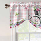 Spring Tie Up Valance Curtains for Windows, Kitchen Curtains Window Shades, Bicycles Leaves Butterfly Flowers Pink Buffalo Plaid Light Filtering Curtain Valances for Bedroom/Bathroom/Cafe 42"x18"