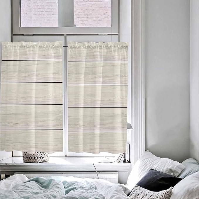Vintage Country Wooden Board Window Valance Curtains, Gradient Wood Grain Line Light Filtering Kitchen Valance with 3-inch Rod Pocket for Living Room Bathroom Bedroom,2 Panel,27.5x45In