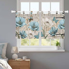 Teal Blue Tulips Kitchen Curtains 24 Inch Length, Small Window Curtains Tab Top, Spring Floral Barn Doors Vintage Wood Beige Light Filtering Short Window Treatments Tier Drapes 27.5"x24" 2 Panel
