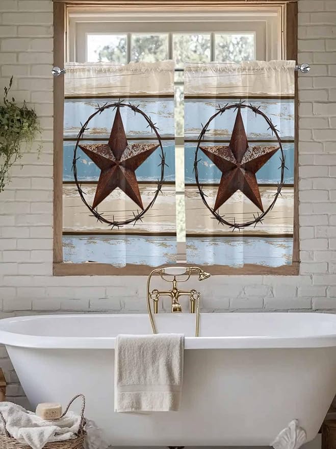 Vintage Western Star on Wood Grain Window Valance Curtains, Retro Wooden Texture Light Filtering Kitchen Valance with 3-inch Rod Pocket for Living Room Bathroom Bedroom,2 Panel,42x45In