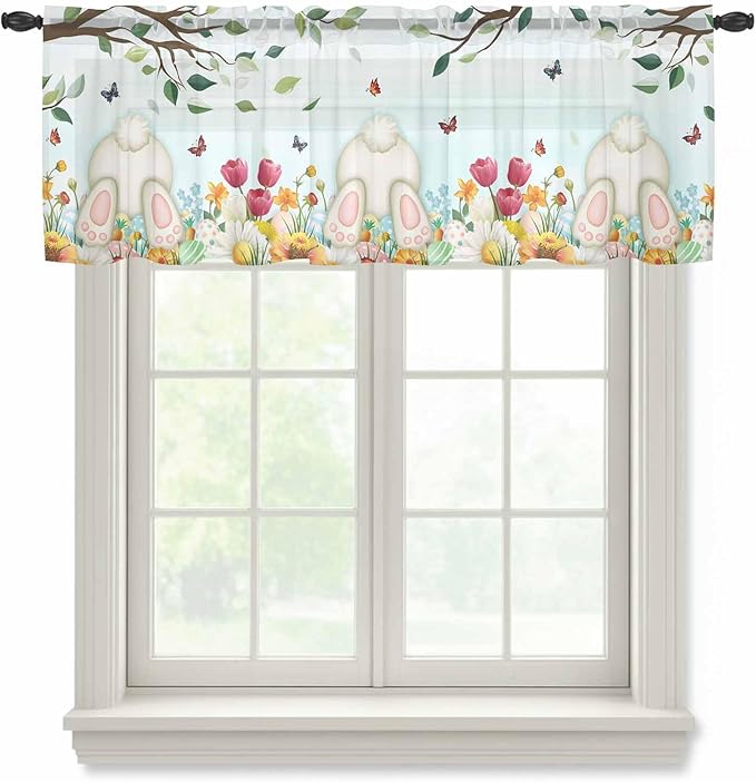 Easter Sheer Valances for Windows 60"x18", Light Filtering Kitchen Curtains Valance, Spring Watercolor Eggs Country Tulip Flower Plant Rod Pocket Chiffon Curtains for Living Room Bedroom Cafe