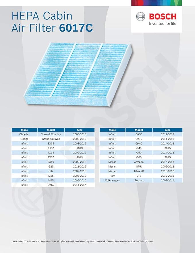 BOSCH 6017C HEPA Cabin Air Filter - Compatible with Select Chrysler Town & Country; Dodge Grand Caravan; Infiniti EX, FX, G, M, Q, QX; Nissan Armada, GT-R, Titan; Ram C/V; Volkswagen Routan + More