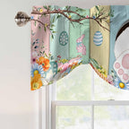 Easter Tie Up Valance Curtains for Windows, Kitchen Curtains Window Shades, Spring Colorful Bunny Eggs Flower Wood Grain Light Filtering Roman Curtain Valances for Bedroom/Bathroom/Cafe 60"x18"