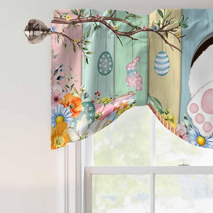 Easter Tie Up Valance Curtains for Windows, Kitchen Curtains Window Shades, Spring Colorful Bunny Eggs Flower Wood Grain Light Filtering Roman Curtain Valances for Bedroom/Bathroom/Cafe 60"x18"