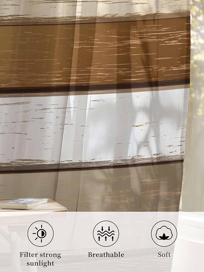 Sheer Curtains 54 Inch Length, Vintage Geometric Brown Semi Sheer Curtains Light Filtering Window Treatment, Farmhouse Country Chic Wood Grain Privacy Voile Drapes for Living Room Bedroom 52x54 Inch