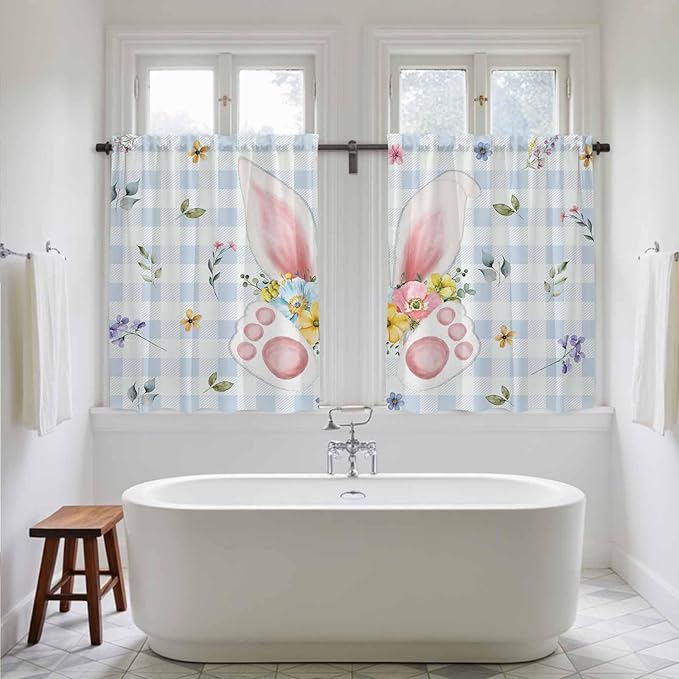 Easter Kitchen Curtains 54 Inch Long 2 Panel Set, Rod Pocket Window Curtains Panels, Spring Rabbits Ears Feet Floral Blue Lattice Light Filtering Privacy Draperies for Bedroom Laundry 42"W x 54"L