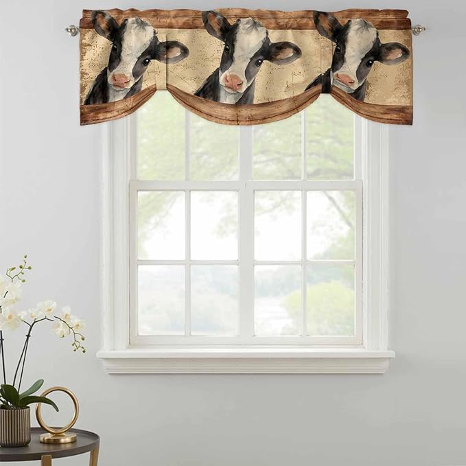 Farmhouse Cow Tie Up Valance Curtains for Windows, Kitchen Curtains Window Shades, Country Vintage Animals Wooden Grain Light Filtering Roman Curtain Valances for Bedroom/Bathroom/Cafe 54"x18"