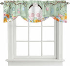 Easter Tie Up Valance Curtains for Windows, Kitchen Curtains Window Shades, Spring Watercolor Bunny Eggs Wooden Grain Green Light Filtering Roman Curtain Valances for Bedroom/Bathroom/Cafe 60"x18"