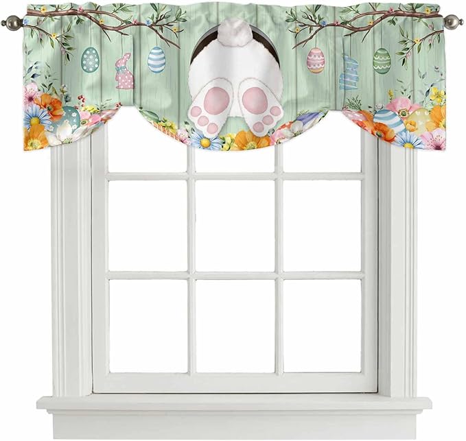 Easter Tie Up Valance Curtains for Windows, Kitchen Curtains Window Shades, Spring Watercolor Bunny Eggs Wooden Grain Green Light Filtering Roman Curtain Valances for Bedroom/Bathroom/Cafe 60"x18"