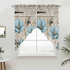 Teal Blue Tulips Swag Valances for Windows, Spring Floral Barn Doors Vintage Wood Beige Rod Pocket Kitchen Curtains Valance, Kitchen Window Curtains Swag for Cafe Living Room, 2 Panels, 36x63 inch