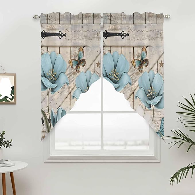 Teal Blue Tulips Swag Valances for Windows, Spring Floral Barn Doors Vintage Wood Beige Rod Pocket Kitchen Curtains Valance, Kitchen Window Curtains Swag for Cafe Living Room, 2 Panels, 36x63 inch