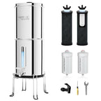 Purewell 2.25G Gravity Water Filter System with Water Level Window, 8-Stage 0.01μm Ultra-Filtration Stainless Steel Countertop System with 4 Filters and Stand, Reduce Fluoride and Chlorine, PW-KS-CF
