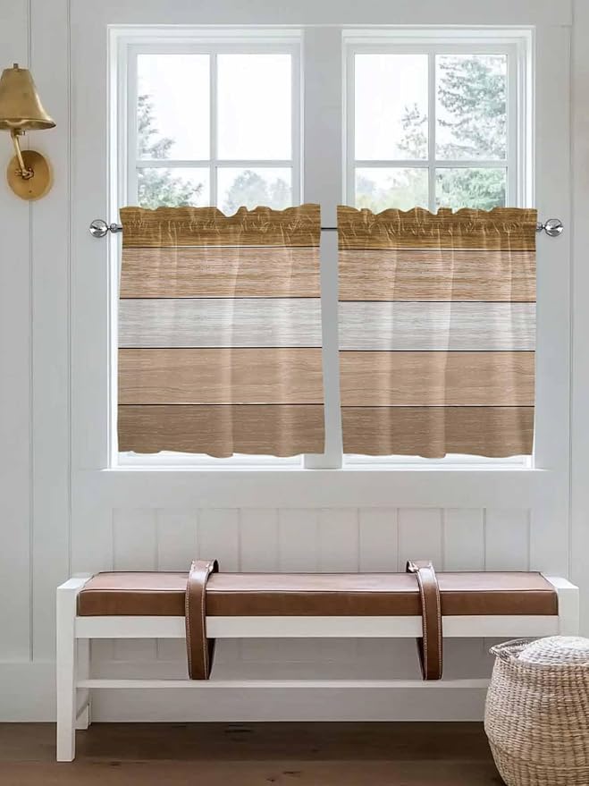Retro Farm Wood Board Window Valance Curtains, Brown Graduality Striped Light Filtering Kitchen Valance with 3-inch Rod Pocket for Living Room Bathroom Bedroom,2 Panel,27.5x24In