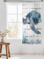 Sheer Curtains 63 Inch Length, Ocean Sea Turtle Semi Sheer Curtains Light Filtering Window Treatment, Coastal Seaweed Vintage Wood Grain Privacy Voile Drapes for Living Room Bedroom 52x63 Inch