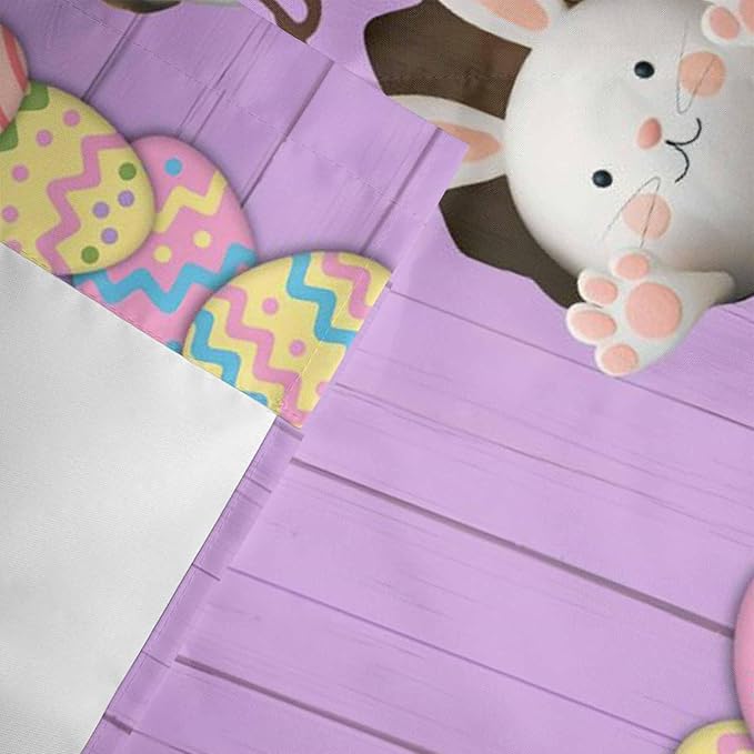Purple Easter Curtain Valances for Windows, Kitchen Valance Window Treatment, Spring Cartoon Bunny Colorful Eggs Wood Grain Light Filtering Block Curtains for Bathroom/Bedroom/Living Room 54'' x 18''