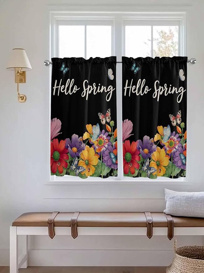 Spring Flowers Kitchen Curtains 54 Inches Length, Watercolor Country Colorful Floral Black Window Treatment Curtain Drapes, Decorative Window Curtains for Bedroom Cafe, 52"x54", 2 Panels