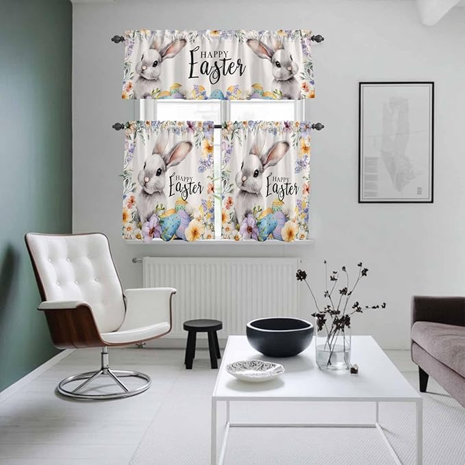 Happy Easter Kitchen Curtains Set 3 Piece for Windows,Rod Pocket Valance and Tier Set 36 Inch Length,Spring Grey Bunny Colorful Eggs Flower Beige Light Filtering Cafe Curtains for Living Room