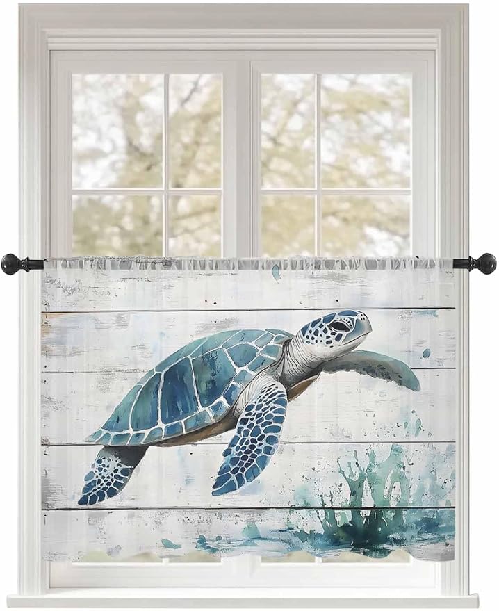 Sheer Curtains 54 Inch Length, Teal Green Sea Turtle Semi Sheer Curtains Light Filtering Window Treatment, Summer Ocean Vintage Wood Grain Privacy Voile Drapes for Living Room Bedroom 52x54 Inch