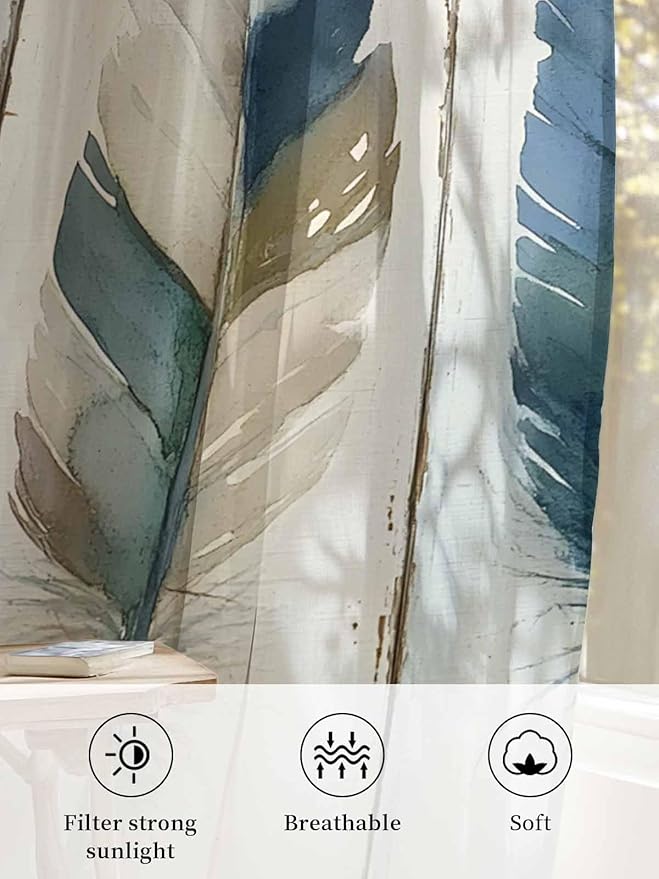 Sheer Curtains 96 Inches Long, Boho Blue Feathers Semi Sheer Curtains Light Filtering Window Treatment, Farmhouse Vintage Wooden Grain Privacy Voile Drapes for Living Room Bedroom 52x96 Inch