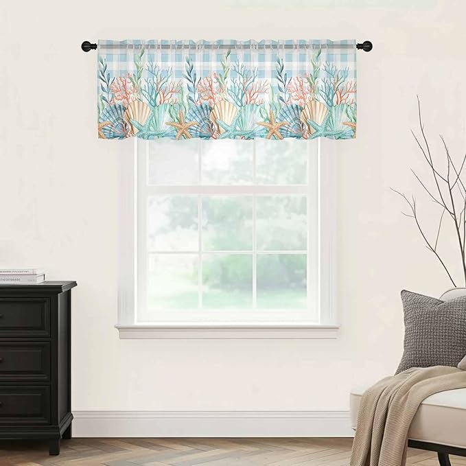 Summer Beach Sheer Valance Curtains, Ocean Colorful Coral Shell Seaweed Starfish Blue Plaid Light Filtering Kitchen Valances Rod Pocket Voile Curtain Treatment for Bedroom/Living Room/Basement 54Wx18L