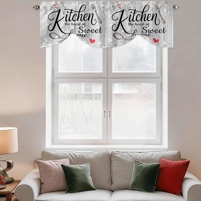 Kitchen Knife Fork Tie Up Valance Curtains for Windows, Kitchen Curtains Window Shades, Vintage Love Heart Grey Wood Grain Light Filtering Roman Curtain Valances for Bedroom/Bathroom/Cafe 42"x12"