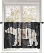 Sheer Curtains 45 Inch Length, White Brown Bear Semi Sheer Curtains Light Filtering Window Treatment, Farmhouse Country Vintage Wood Grain Privacy Voile Drapes for Living Room Bedroom 52x45 Inch