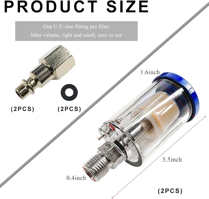 2 PCS Water Oil Separator Filter, 1/4" NPT Inlet and Outlet Airbrush Filter Air Compressor Fittings, Mini in-Line Air Filters Water Oil Separator for Pneumatic Tool
