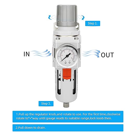 NANPU 3/8" NPT Compressed Air Filter Regulator Combo Piggyback, Semi-Auto Drain, 5 Micron Brass Element, Poly Bowl, Metal Bracket, 0-150 psi Gauge