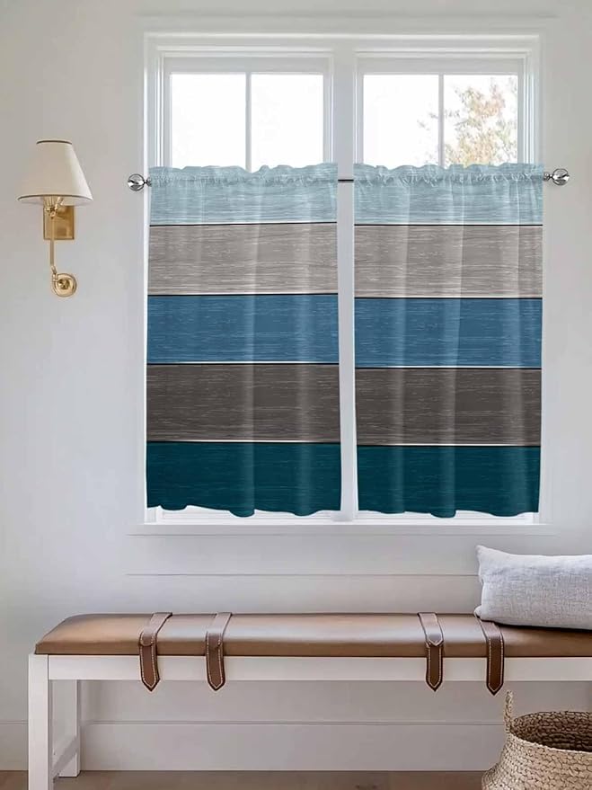 Retro Farm Blue Gray Wood Grain Window Valance Curtains, Rustic Wooden Plank Light Filtering Kitchen Valance with 3-inch Rod Pocket for Living Room Bathroom Bedroom,2 Panel,52x45In
