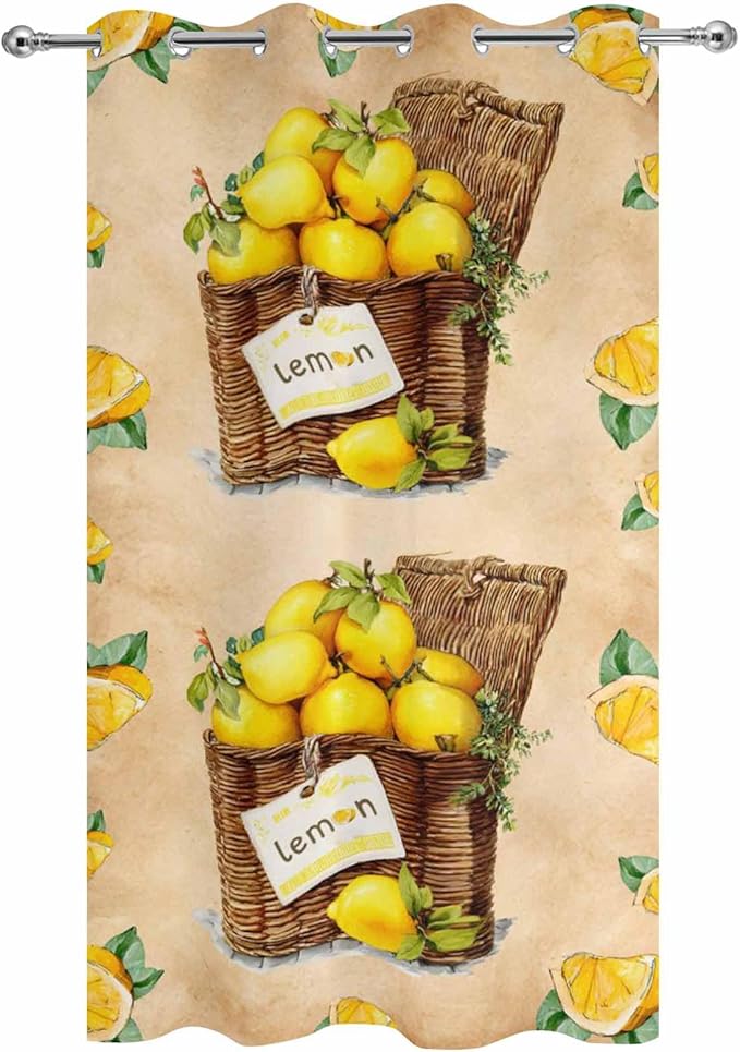 Lemon Outdoor Curtains for Patio Lemons in Baskets Summer Tropical Plant Brown Waterproof Outside Curtains with Grommet Top Weatherproof Curtain for Cabana Pergola Gazebo, 1 Panel, 54" W x 95" L