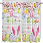 Happy Easter Living Room Curtains 72 Inches length, Spring Watercolor Bunny Eggs Flower Grey Plaid Window Treatment Curtain Drapes, Light Filtering Drapes for Bedroom Laundry Room, 52"x72", 2 Panels