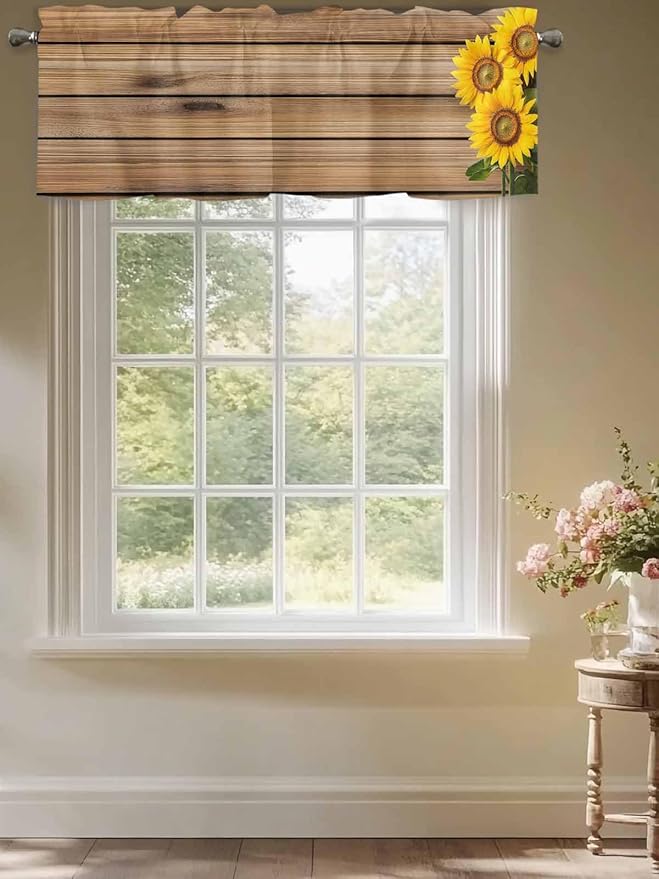 Kitchen Valances for Window, Farm Sunflower on Vintage Wood Grain Light Filtering Rod Pocket Valance Curtain, Spring Country Plant Short Curtains Window Topper for Bedroom Living Room 54x18in