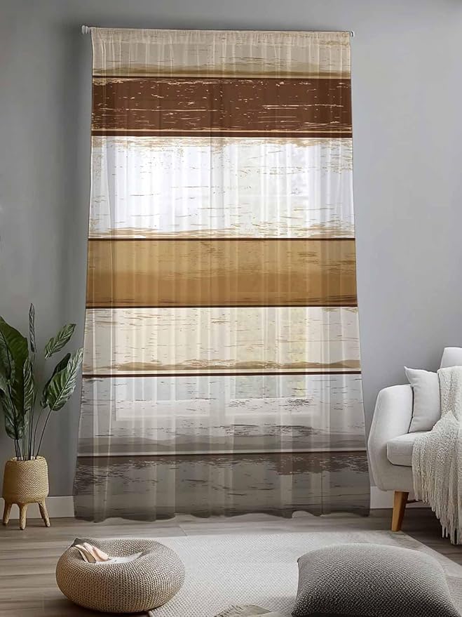 Sheer Curtains 96 Inches Long, Brown Wood Grain Semi Sheer Curtains Light Filtering Window Treatment, Vintage Country Geometric Striped Privacy Voile Drapes for Living Room Bedroom 52x96 Inch