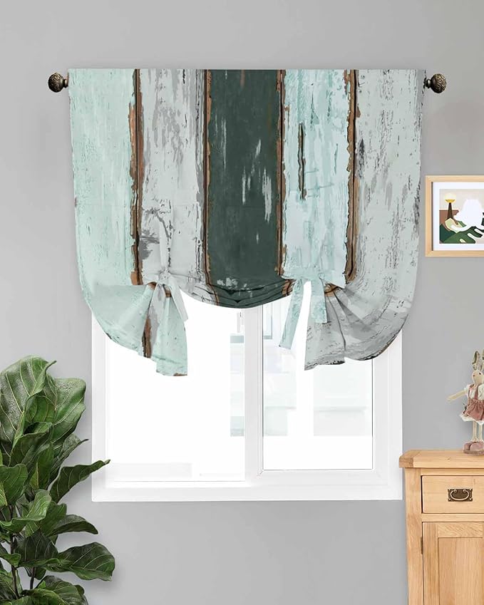 Tie Up Curtains for Windows, Blue Teal Adjustable Balloon Nature Linen Textured Kitchen Curtain, Vintage Wooden Retro Art Farmhouse Barns Thermal Insulated Curtains for Window, 42" x 54"