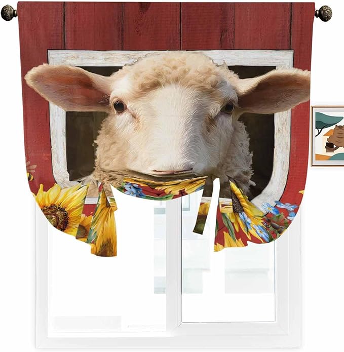 Tie Up Curtains for Windows, Sheep Sunflower Adjustable Balloon Nature Linen Textured Kitchen Curtain, Country Red Farm Barn Spring Flowers Blackout Curtains for Living Room, 46 x 63 Inches