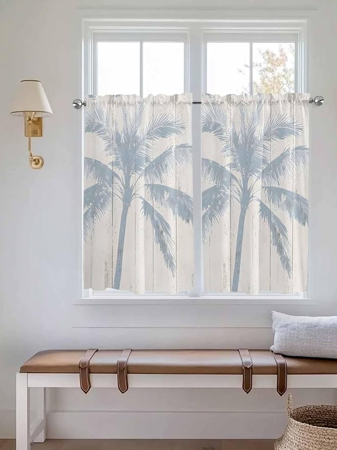 Summer Coconut Tree on Vintage Wood Grain Window Valance Curtains, Seaside Plants Light Filtering Kitchen Valance with 3-inch Rod Pocket for Living Room Bathroom Bedroom,2 Panel,52x54In