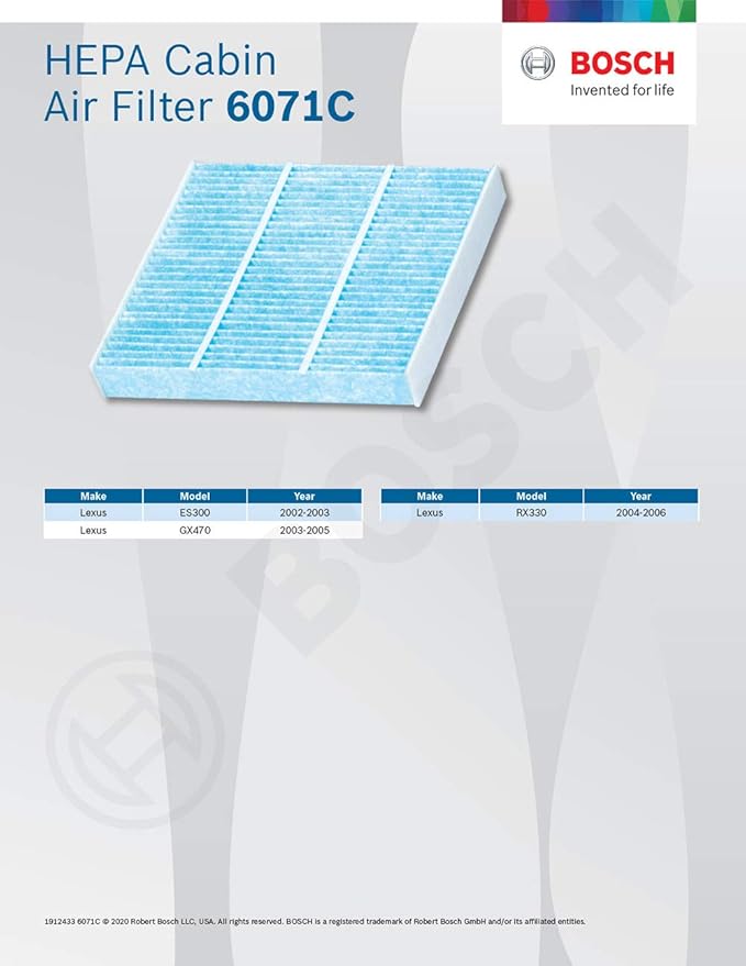 BOSCH 6071C HEPA Cabin Air Filter - Compatible with Select Lexus ES300, GX470, RX330