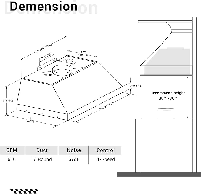 CHETTO C Stainless Steel Range Hood Cover with 4-Speed Vent Hood Insert Custom Handmade Metal Kitchen Fan with Towel Rack LED Light 30"W x24"D x60"H Black Wall Mount