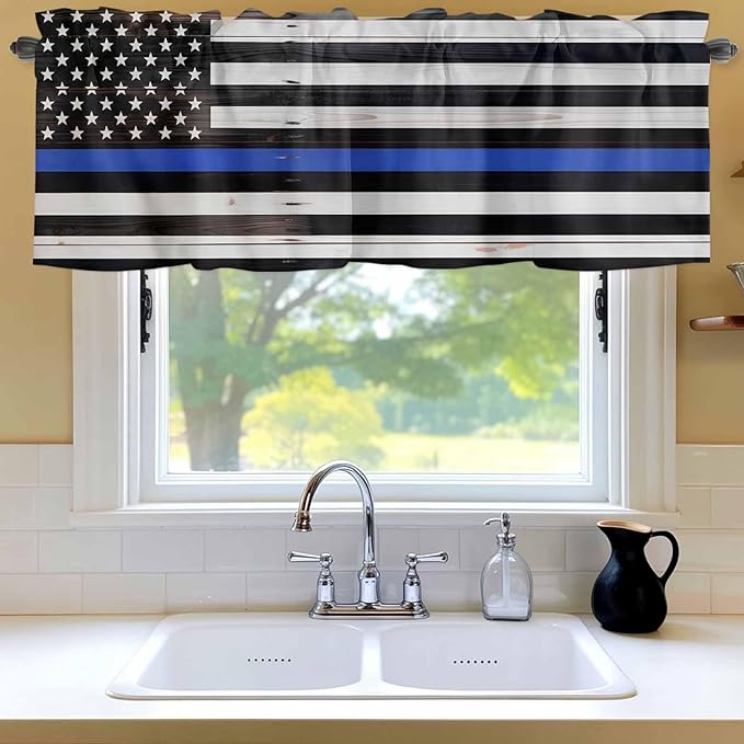 American Flag Valances for Windows, Blue Line Star Black White Stripes Wood Grain Kitchen Valance Light Filtering Rod Pocket Short Curtains for Kitchen Bathroom, 1 Panel, 54"x18"