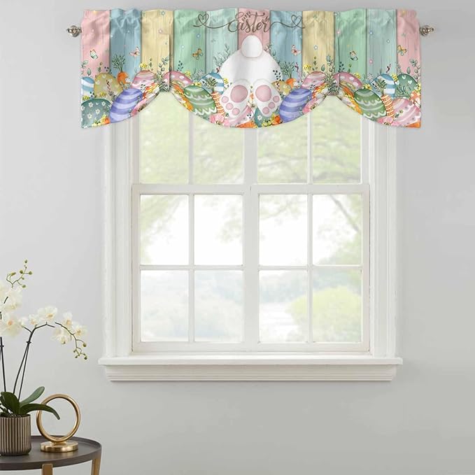 Easter Tie Up Valance Curtains for Windows, Kitchen Curtains Window Shades, Spring Rabbit Ears Foot Eggs Floral Wooden Grain Light Filtering Roman Curtain Valances for Bedroom/Bathroom/Cafe 60"x18"