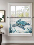 Sheer Curtains 54 Inch Length, Teal Green Sea Turtle Semi Sheer Curtains Light Filtering Window Treatment, Summer Ocean Seaweed Wood Grain Privacy Voile Drapes for Living Room Bedroom 52x54 Inch