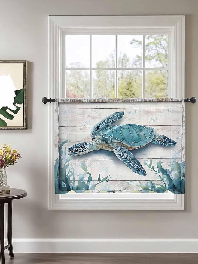 Sheer Curtains 45 Inch Length, Teal Green Sea Turtle Semi Sheer Curtains Light Filtering Window Treatment, Summer Ocean Seaweed Wood Grain Privacy Voile Drapes for Living Room Bedroom 52x45 Inch