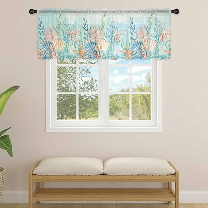 Summer Beach Sheer Valance Curtains, Green Ocean Colorful Coral Shell Seaweed Starfish Light Filtering Kitchen Valances Rod Pocket Voile Curtain Treatment for Bedroom/Living Room/Basement 60Wx18L