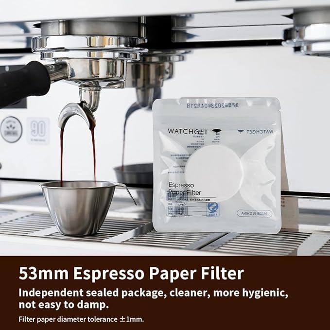 watchget 53mm Espresso Paper Filters - 100 Pcs Unbleached Coffee Filter Papers for Espresso Machine Puck Screen, Compatible with 54mm Portafilter Baskets, Replacement Paper Filters for Barista Tools