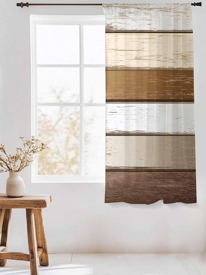 Sheer Curtains 72 Inches Long, Vintage Geometric Brown Semi Sheer Curtains Light Filtering Window Treatment, Farmhouse Country Chic Wood Grain Privacy Voile Drapes for Living Room Bedroom 52x72 Inch